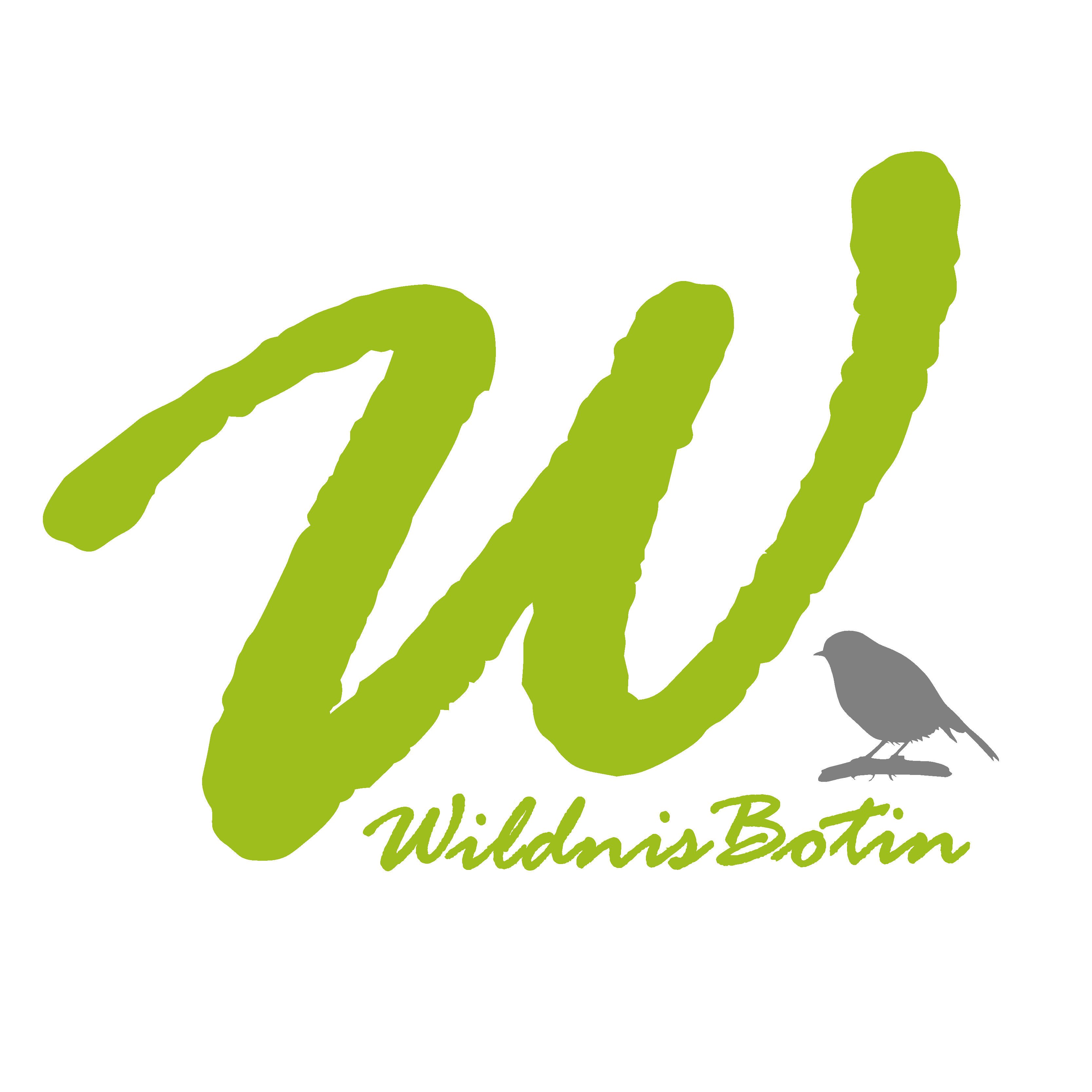 Grosses grünes W mit Fusszeile WildnisBotin.de und kleiner Vogelsilhoutte unten rechts
