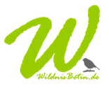 Grosses grünes W mit Fusszeile WildnisBotin.de und kleiner Vogelsilhoutte unten rechts